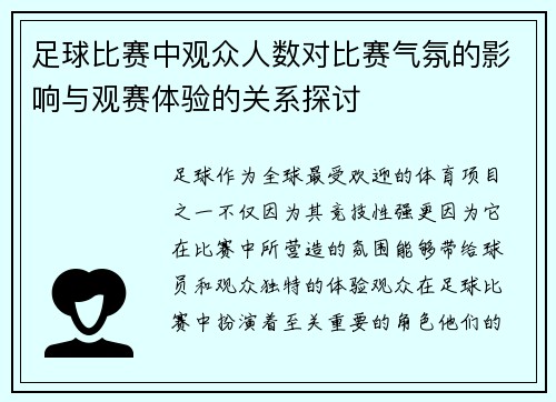 足球比赛中观众人数对比赛气氛的影响与观赛体验的关系探讨
