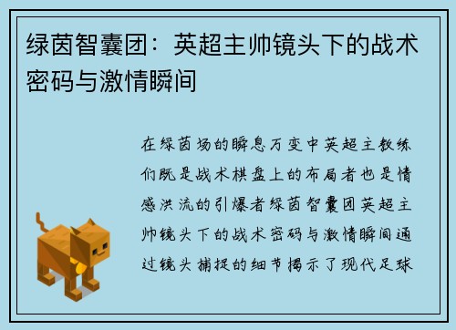 绿茵智囊团：英超主帅镜头下的战术密码与激情瞬间